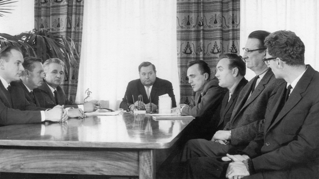 Marijono Martynaičio rektoratas (iš kairės): J. Deltuva, A. Čyras, R. Chomskis, Č. Jakimavičius, P. Švenčianas, H. Petrusevičius, K. Paulauskas. 1965–1968 m.