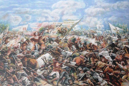„Žalgirio mūšis 1410 m. liepos 15 d.“, 1970 m. drobė, aliejus, 168x250 cm, dailininkas Mykolas Šeduikis