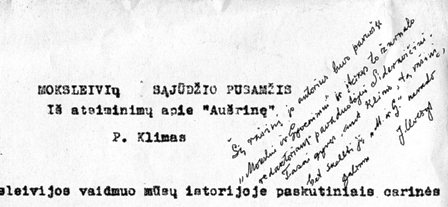 Buvusio Lietuvos Respublikos užsienio reikalų ministro Juozo Urbšio ranka užrašytas tekstas ant Petro Klimo publikacijos