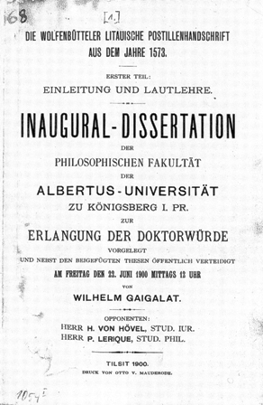 Viliaus Gaigalaičio disertacija apie Volfenbiutelio lietuviškos postilės rankraštį (1900 m.)