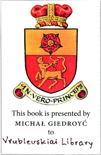 M. Giedraičio ekslibrisas su dedikacija Vrublevskių bibliotekai