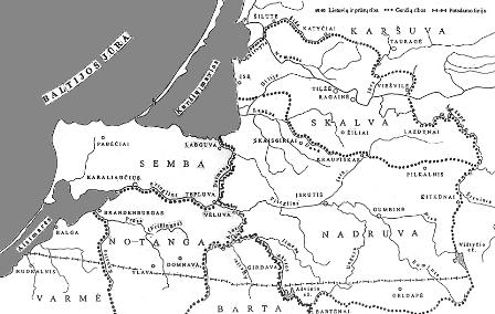 Lietuvių ir prūsų genčių riba pagal vokiečių istoriką Maksą Tepeną (Töppen) (1858 m.) ir vokiečių baltistą Adalbertą Becenbergerį (Bezzenberger) (1882 m.)