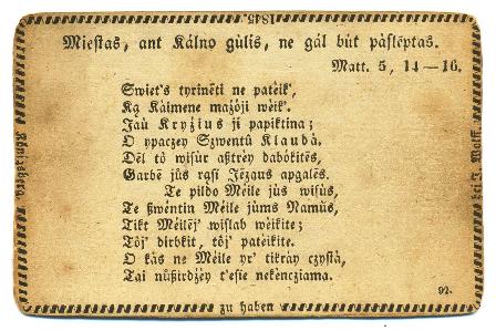Kortelė iš pirmojo burtelių leidimo, į lietuvių kalbą versto Fridricho Kuršaičio. Jos pakraščiuose įrašas vokiečių kalba: Karaliaučius, gaunama pas J. Wolffą. 1845 m. 
