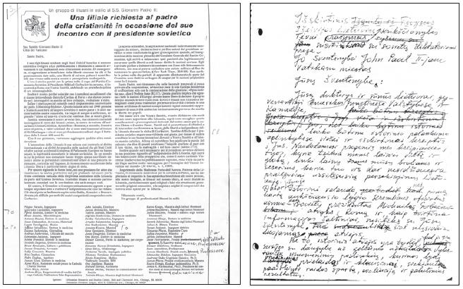 Laiško popiežiui Jonui Pauliui II vertimas į italų kalbą ir Kazio Eringio ranka rašytas rankraštis
