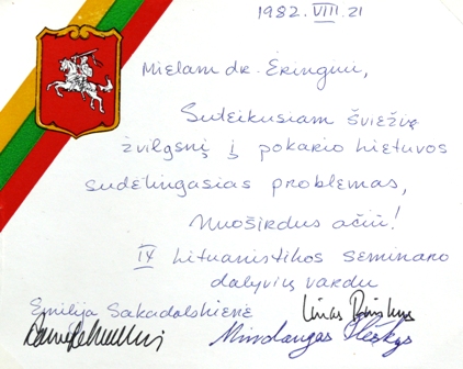 IX Lituanistikos seminaro dalyvių padėka Kaziui Ėringiui