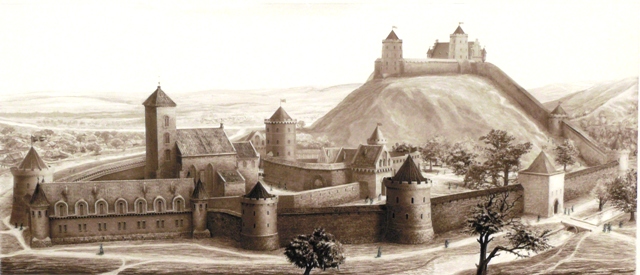 Žemutinė ir Aukštutinė pilys XV a.pradžioje. Pagal natūros tyrimais pagrįstą Napalio Kitkausko rekonstrukciją dailininko Antano Vaičekausko piešinys