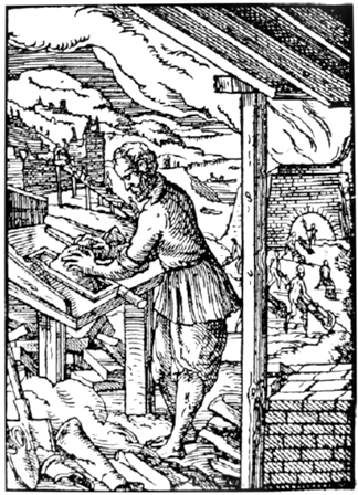 Viduramžių plytų gamyba Vokietijoje. Pirmajame plane – plytų gamintojas deda molio mišinį į medinę formą. Amanno Josto graviūra iš 1568 m. Hartmano Schoppero knygos „Panoplia“