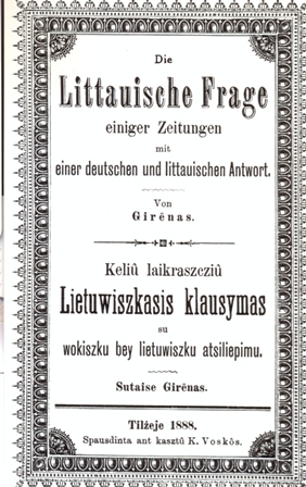 Jurgio Zauerveino poleminis veikalas vokiečių ir lietuvių kalba dėl lietuvių tautinės padėties (1888 m.)