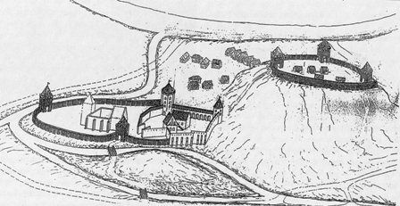 Pilių vaizdo XIII a. pabaigoje–XIV a. pradžioje retrospektyvinė rekonstrukcija: Aukštutinės pilies kalno papėdėje – Žemutinės pilies mažasis aptvaras; į kairę nuo jo – pirmosios Katedros sienos po gaisro. Pilies kalne tuo metu buvusios medinės pilies aptvaras su gynybiniais bokštais