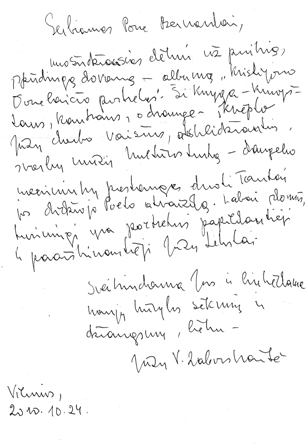 Prof. Vandos Zaborskaitės padėkos laiškas Bernardui Aleknavičiui