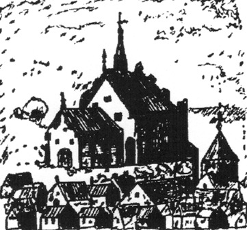 Trakų bažnyčios vaizdas iš Tomaszo Makowskio „Trakų panoramos“, apie 1600 m.
