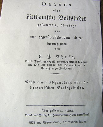 Rėzos „Lietuvių dainų“ antraštinis lapas 1825 m.