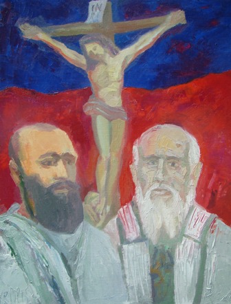Sauliaus Kruopio paveikslas „Du Paberžės titanai“ (2011, aliejus, drobė, 90 x 70)