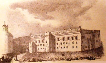 Prūsų pietų ir rytų korpusų išorės fasadas, t. y. rūmų pietryčių kampas J. Oziemblausko litografijoje 1840 m. Akivaizdus skirtumas, kaip šis kampas pavaizduotas J. Oziemblausko litografijoje ir koks jis yra, anot klaidingo V. Drėmos interpretavimo, P. Smuglevičiaus piešinyje