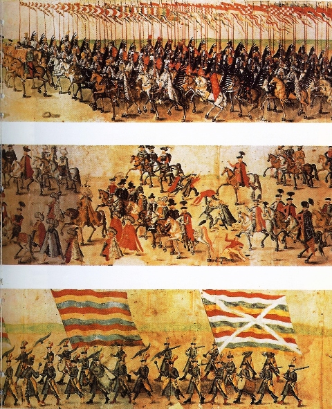LDK kariuomenės vėliavos. 1605 m. nežinomo dailininko spalvinė kompozicija, kurioje vaizduojamas jungtinės Lietuvos ir Lenkijos kariuomenės paradas, skirtas Žygimanto III ir Konstancijos Austrijietės vestuvėms bei įvažiavimui į Krokuvą